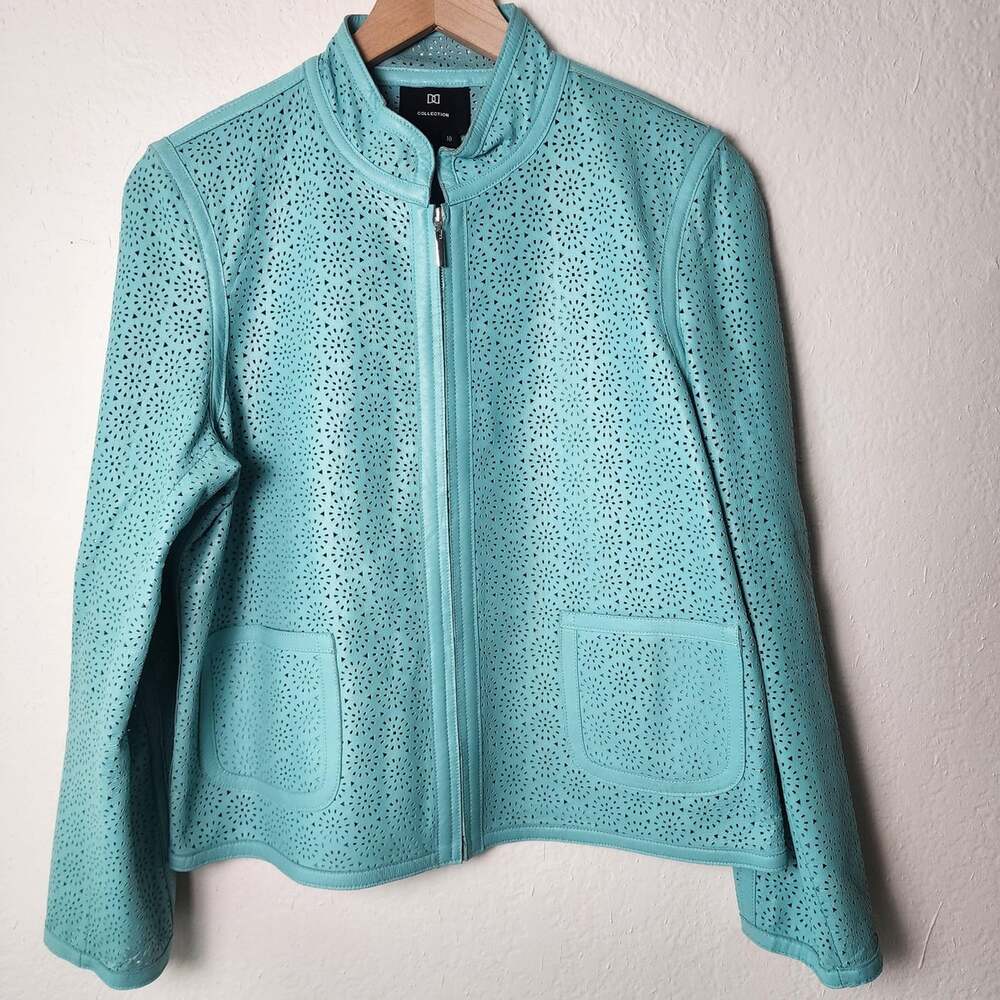 Collection Jacket Womens 10 Blue Leather Perforated Cutout Unlined Zip Pockets